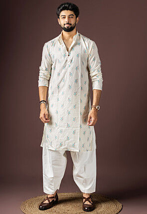 Digital Printed Cotton Kurta Set in White