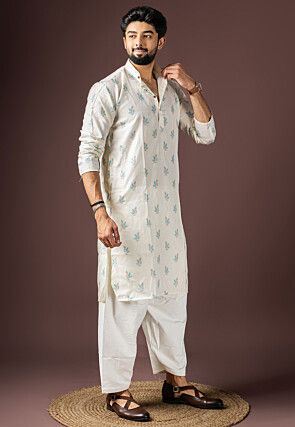 Digital Printed Cotton Kurta Set in White