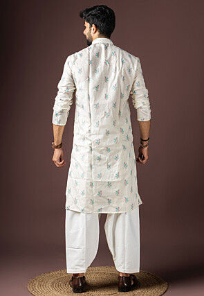 Digital Printed Cotton Kurta Set in White