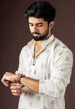 Digital Printed Cotton Kurta Set in White