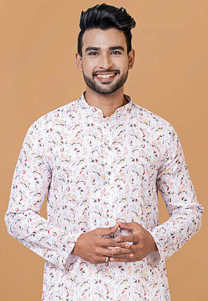 Digital Printed Cotton Kurta Set in White