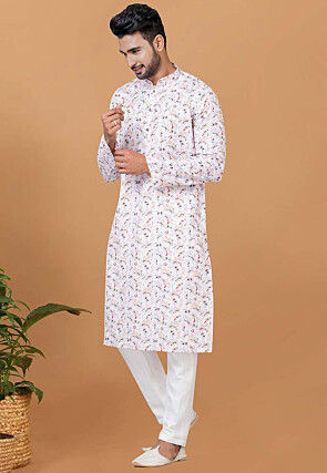 Digital Printed Cotton Kurta Set in White