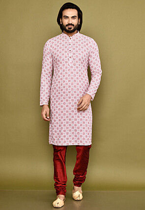 Digital Printed Cotton Kurta Set in White