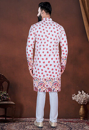 Digital Printed Cotton Kurta Set in White