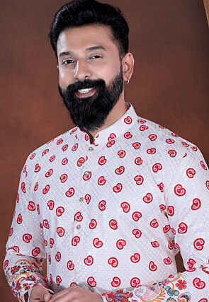 Digital Printed Cotton Kurta Set in White