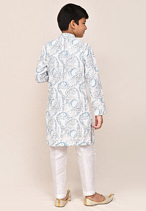 Digital Printed Cotton Kurta Set in White