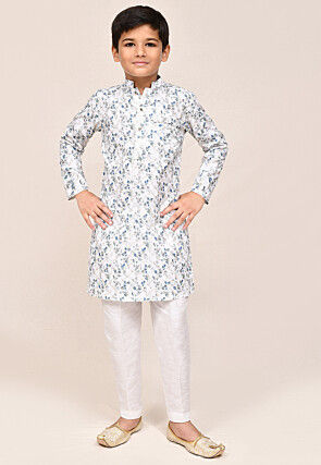 Digital Printed Cotton Kurta Set in White