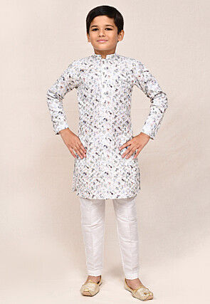 Digital Printed Cotton Kurta Set in White