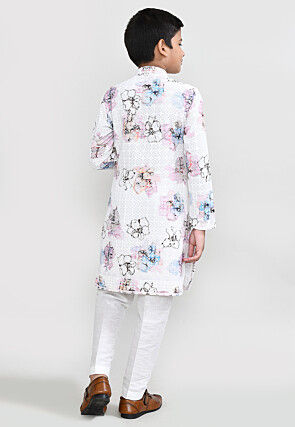 Digital Printed Cotton Kurta Set in White