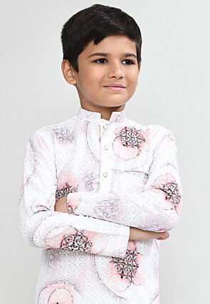 Digital Printed Cotton Kurta Set in White