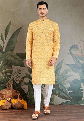 Digital Printed Cotton Kurta Set in Yellow