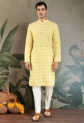 Digital Printed Cotton Kurta Set in Yellow