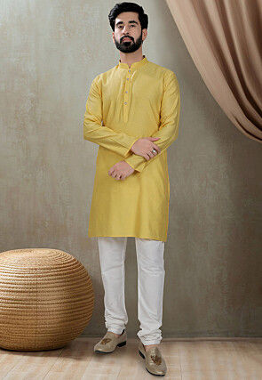 Digital Printed Cotton Kurta Set in Yellow