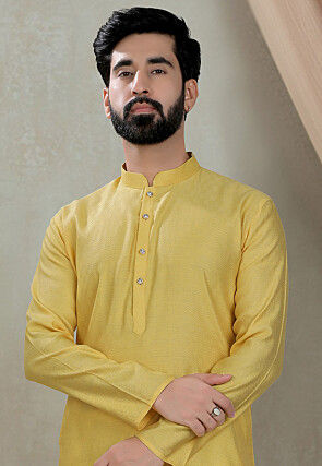 Digital Printed Cotton Kurta Set in Yellow