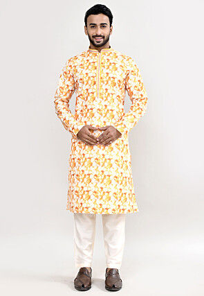 Digital Printed Cotton Kurta Set in Yellow