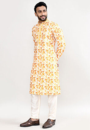 Digital Printed Cotton Kurta Set in Yellow