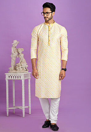 Digital Printed Cotton Kurta Set in Yellow
