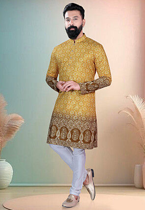 Digital Printed Cotton Kurta Set in Yellow