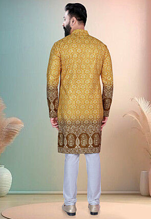 Digital Printed Cotton Kurta Set in Yellow
