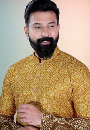 Digital Printed Cotton Kurta Set in Yellow