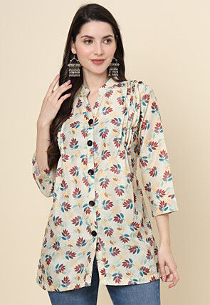 Digital Printed Cotton Kurti in Beige