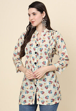 Digital Printed Cotton Kurti in Beige