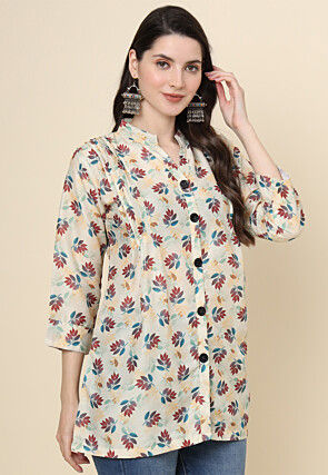 Digital Printed Cotton Kurti in Beige