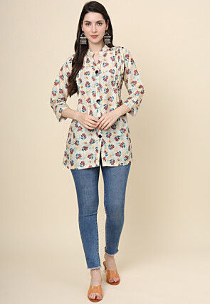 Digital Printed Cotton Kurti in Beige