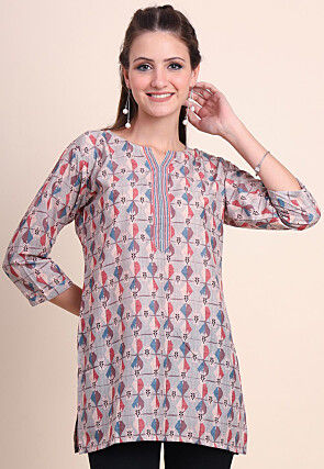 Digital Printed Cotton Kurti in Fawn