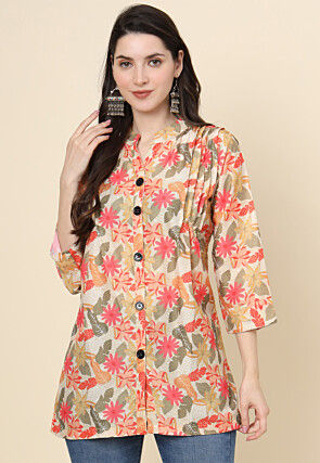 Digital Printed Cotton Kurti in Light Beige