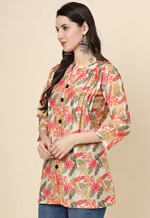 Digital Printed Cotton Kurti in Light Beige
