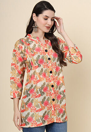 Digital Printed Cotton Kurti in Light Beige