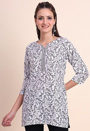 Digital Printed Cotton Kurti in Off White