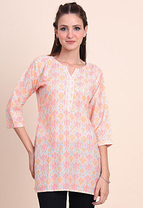 Digital Printed Cotton Kurti in Off White