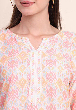 Digital Printed Cotton Kurti in Off White