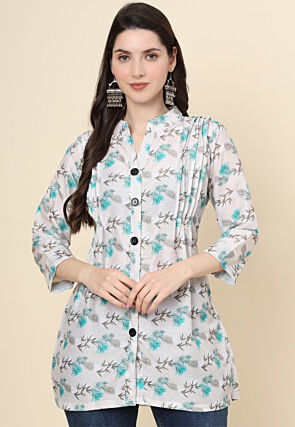 Digital Printed Cotton Kurti in Off White