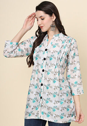 Digital Printed Cotton Kurti in Off White
