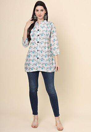 Digital Printed Cotton Kurti in Off White