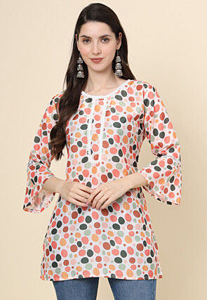 Digital Printed Cotton Kurti in Off White