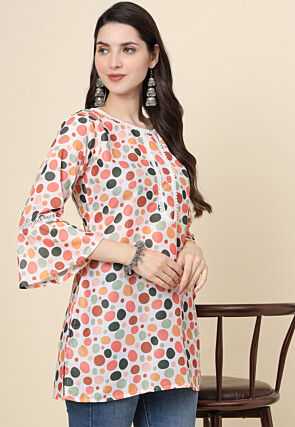 Digital Printed Cotton Kurti in Off White