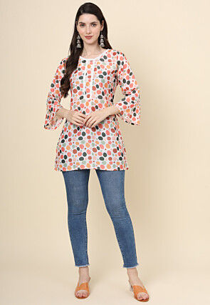 Digital Printed Cotton Kurti in Off White