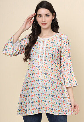 Digital Printed Cotton Kurti in Off White