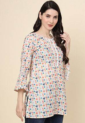 Digital Printed Cotton Kurti in Off White