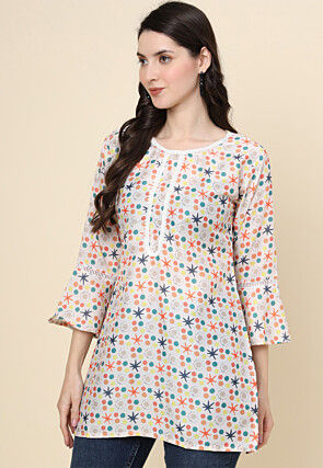 Digital Printed Cotton Kurti in Off White