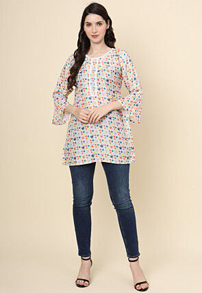 Digital Printed Cotton Kurti in Off White
