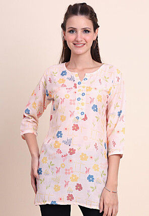 Digital Printed Cotton Kurti in Peach