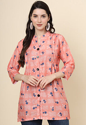 Digital Printed Cotton Kurti in Peach