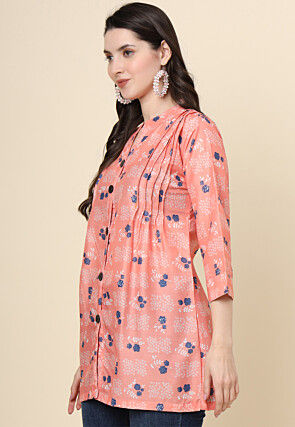 Digital Printed Cotton Kurti in Peach