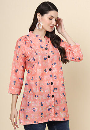 Digital Printed Cotton Kurti in Peach