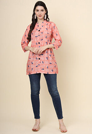 Digital Printed Cotton Kurti in Peach